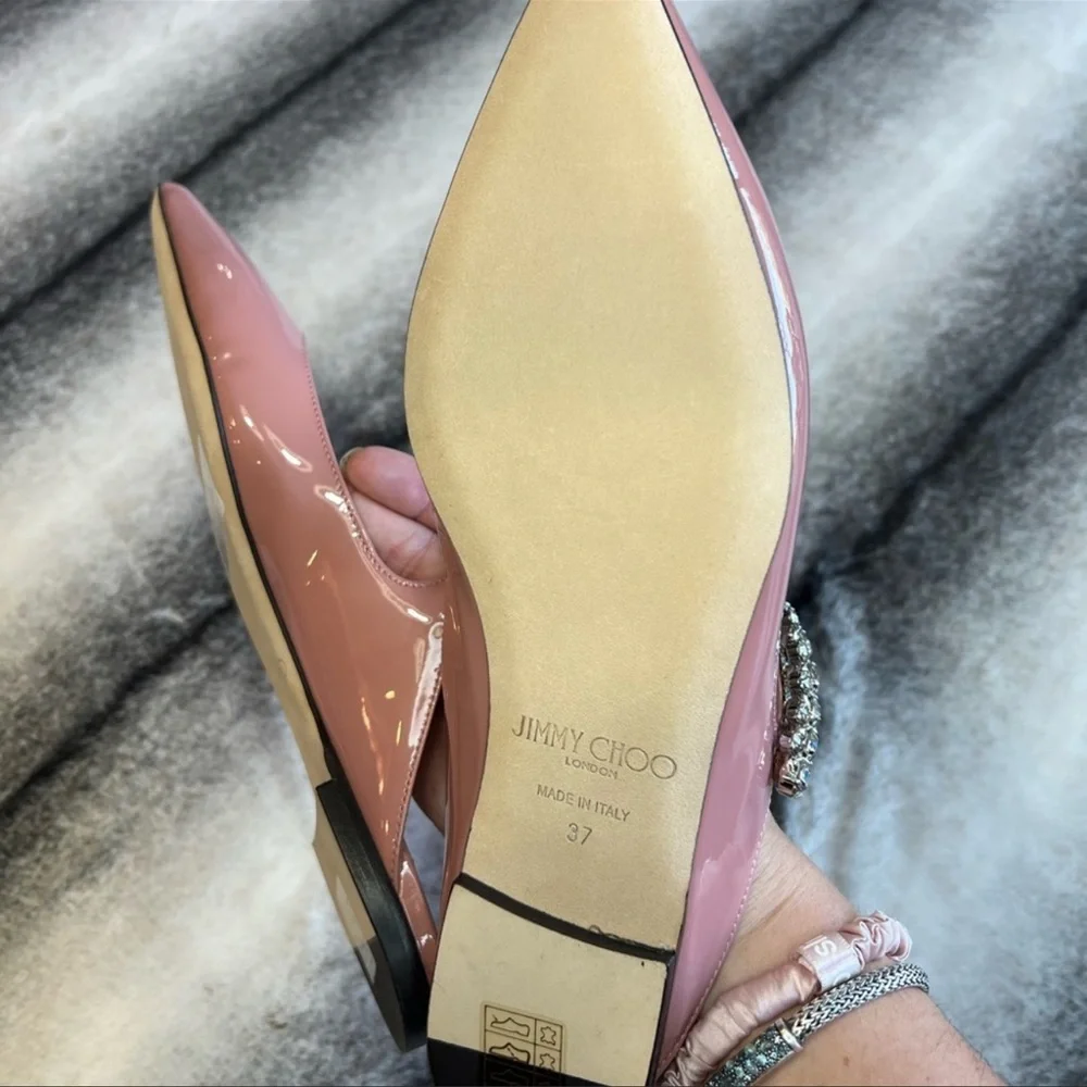 Jimmy Choo Bing Embellished Strap Point Toe Blush Patent Leather Pump Flats - Picture 5 of 10